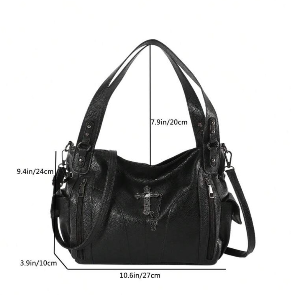 Y2k Large Capacity Shoulder Bag, Black PU Leather Cross Tote - Picture 3 of 5